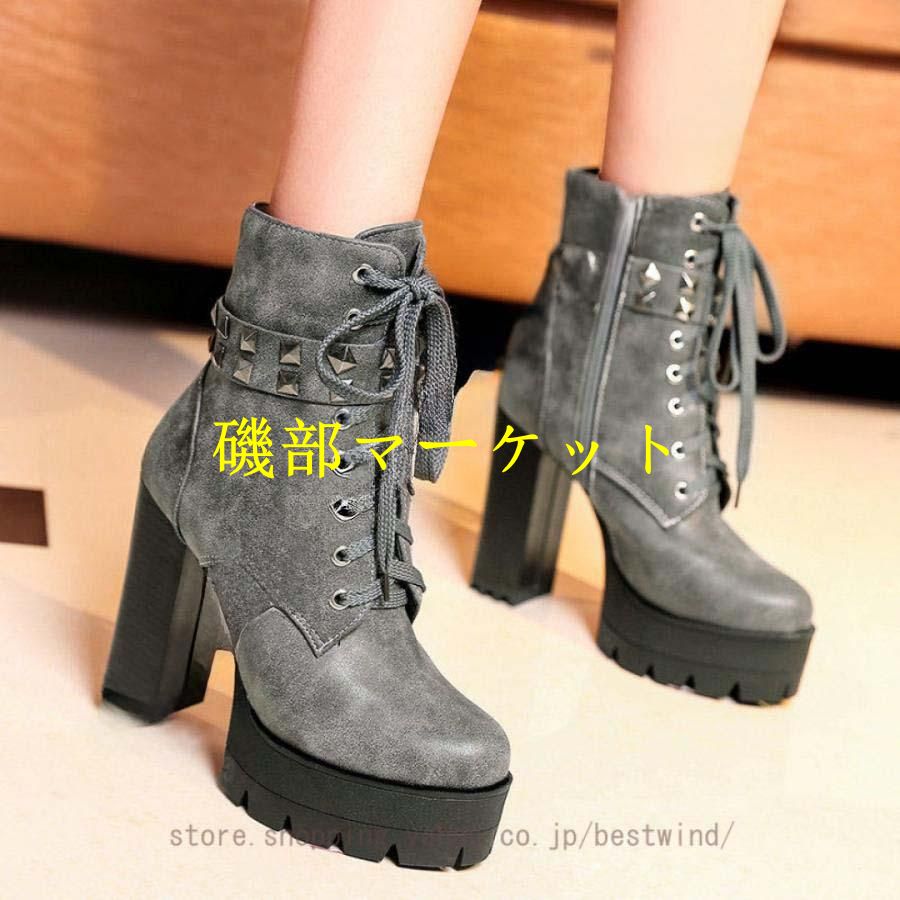 レースアップ ラウンドトゥ ショートブーツ ヒール 編み上げ 美脚 ミドル丈 シューズ 靴 ブーツ ブーティ 秋冬 レディース 厚底 太ヒール 11cm 黒 ブラック